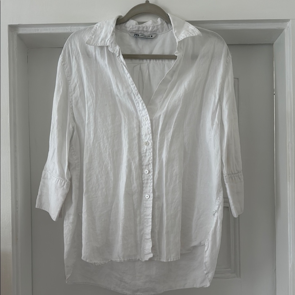 Zara White 3/4 Sleeve Linen Button Down Shirt